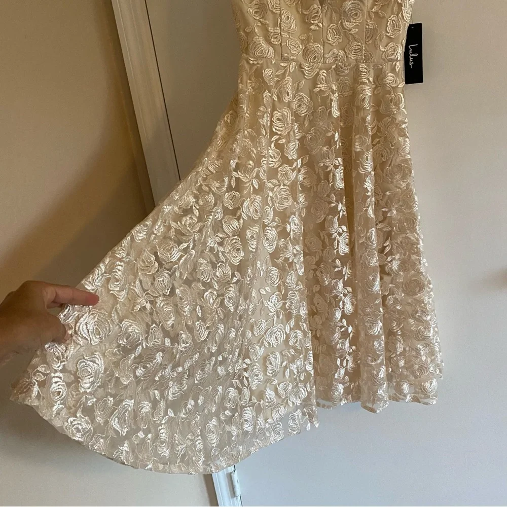 New Lulu's Jacqueline Champagne Floral Embroidered Backless Midi Dress Size S